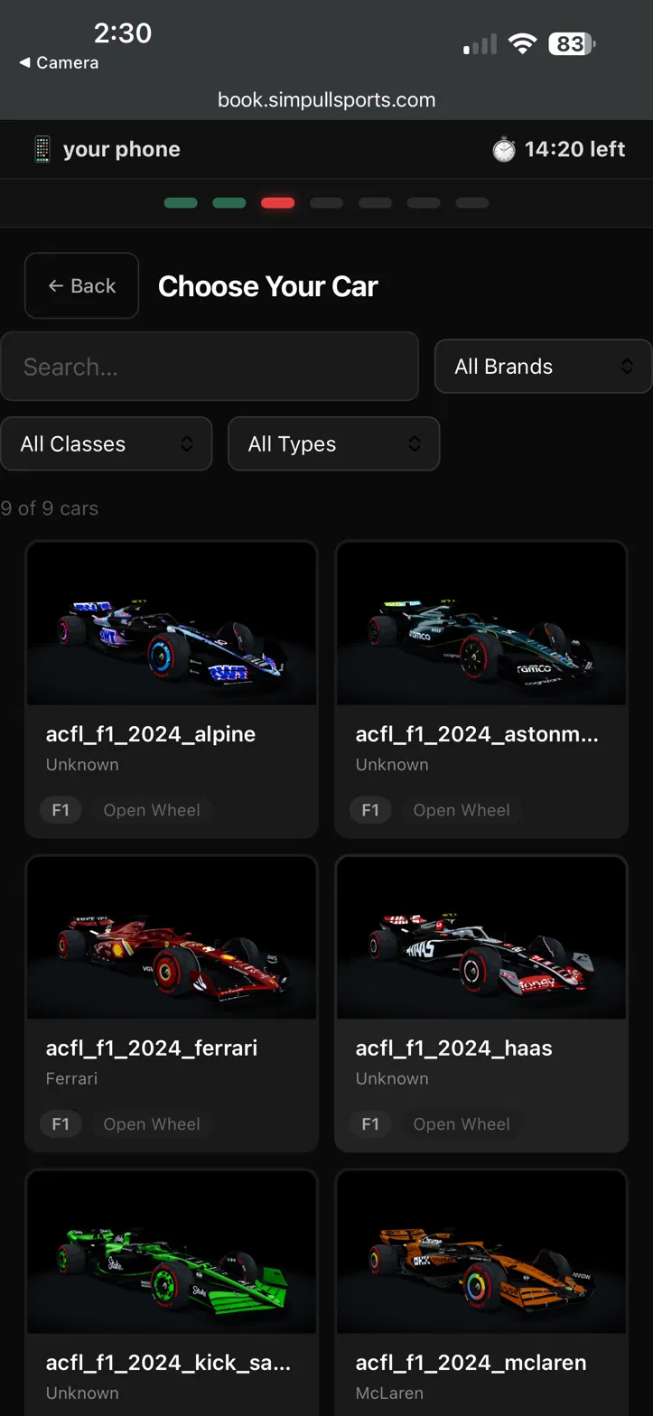 Choosing a car on the SimPull phone flow.